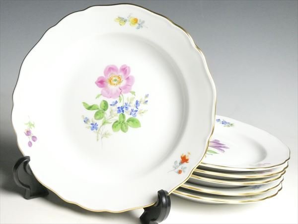 K444 Meissen マイセン フラワーブーケ 2つ花 絵変り プレート 6枚