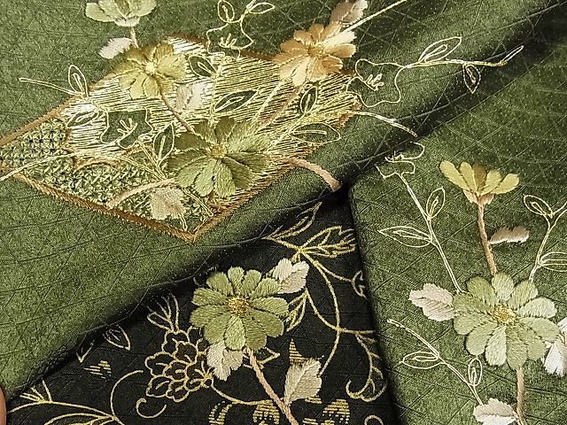 訪問着 中国三大汕頭刺繍 スワトウ刺繍 花菱文 暈し染め 金糸 金彩