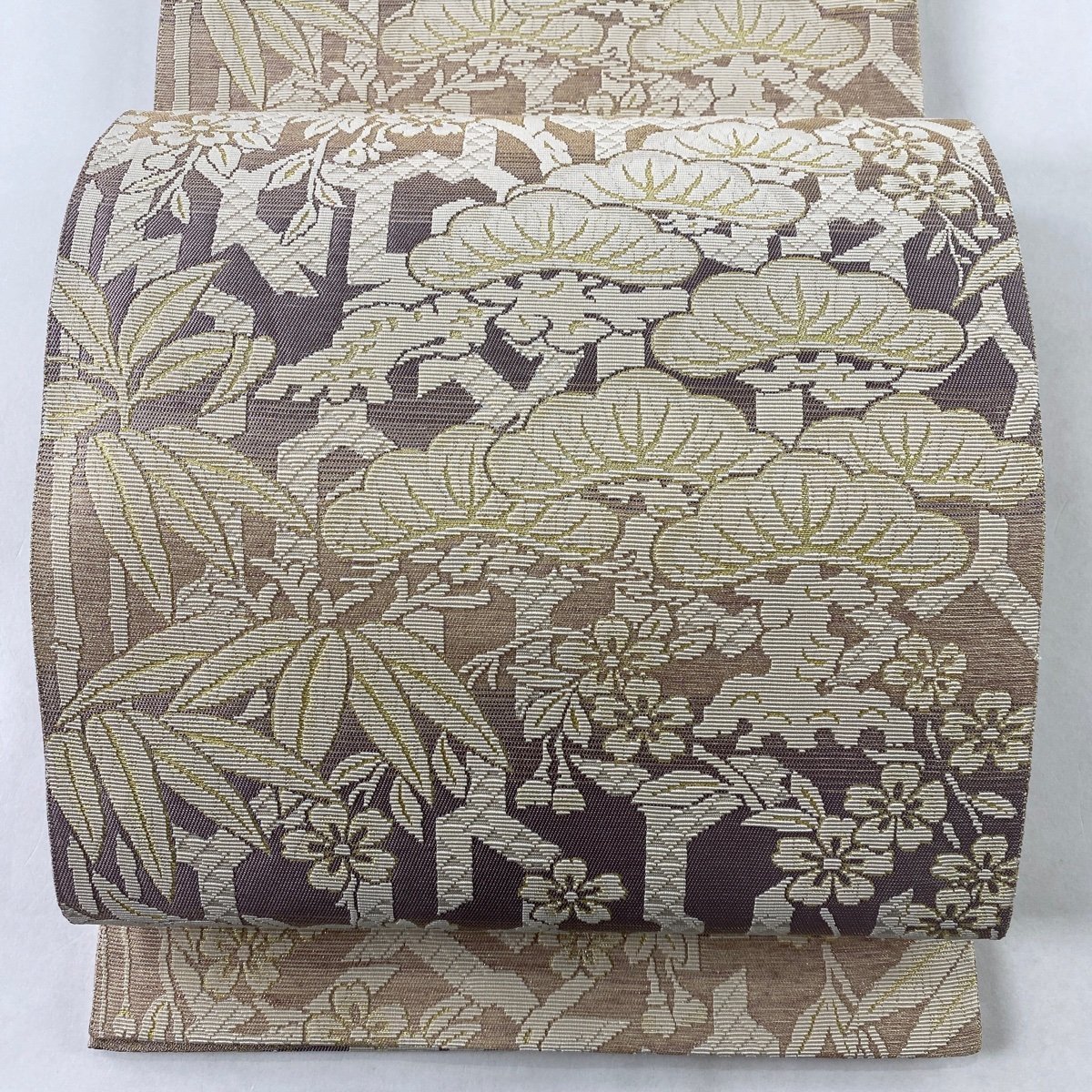 袋帯 名品 桜 松と竹 箔 灰紫 全通 正絹 【中古】