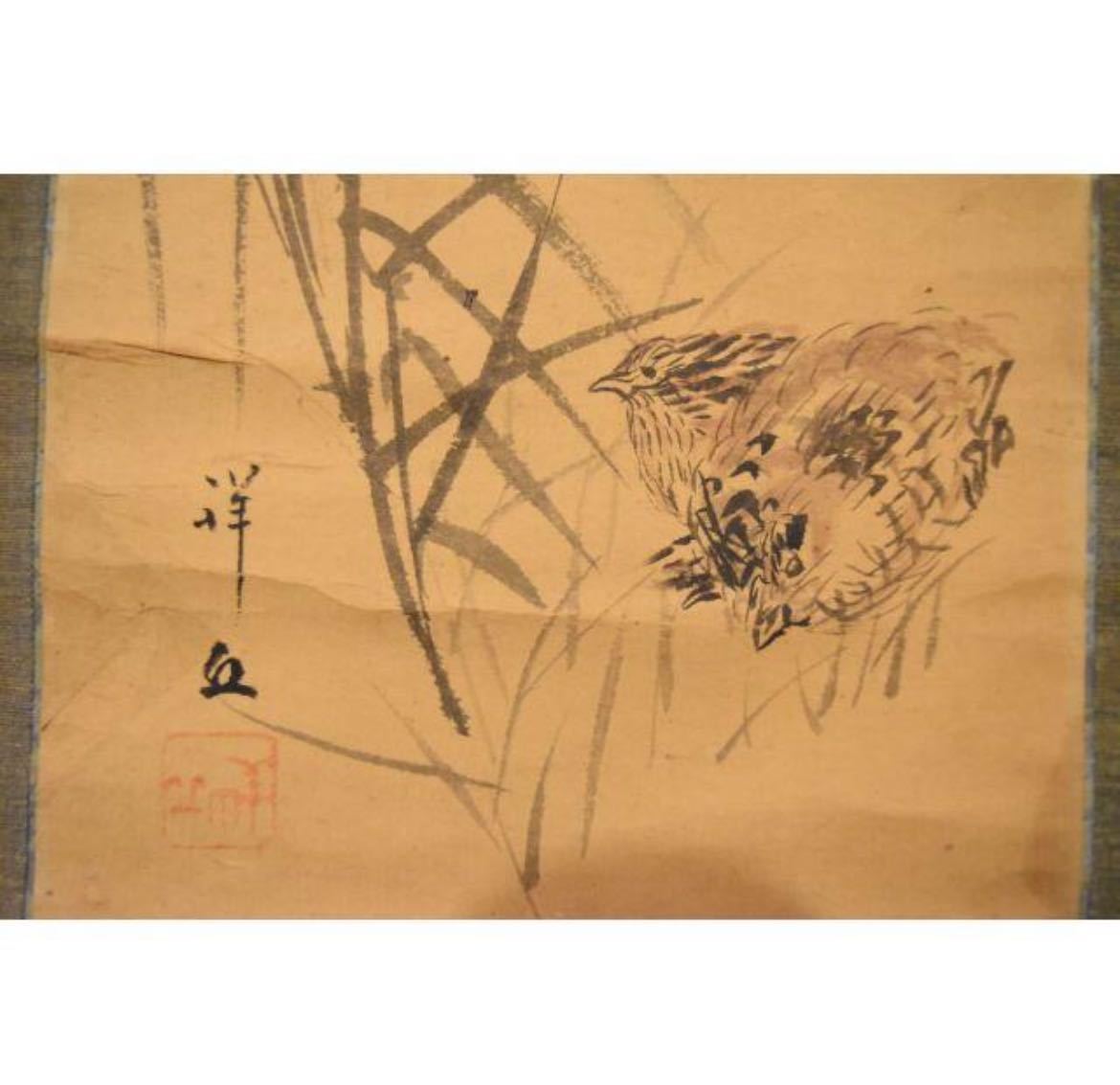 人気SALE，本物保証】 鶉 秋 手巻き画絵巻 日本画軸 紙本 立軸