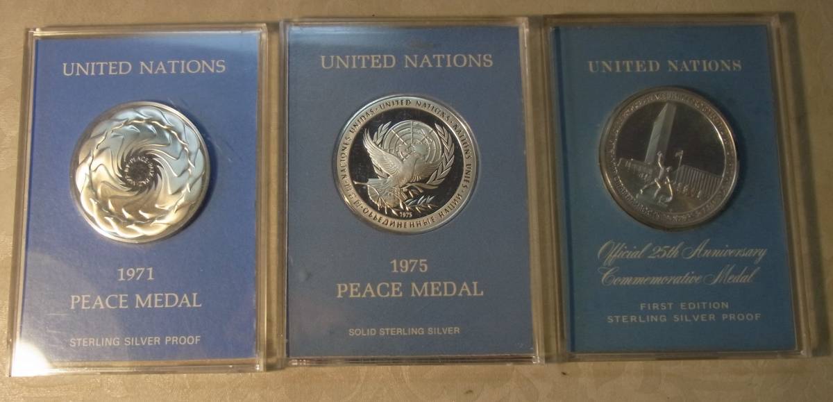 UNITED NATION メダル、3個（STERLING SILVER PROOF) 記念メダル 国連