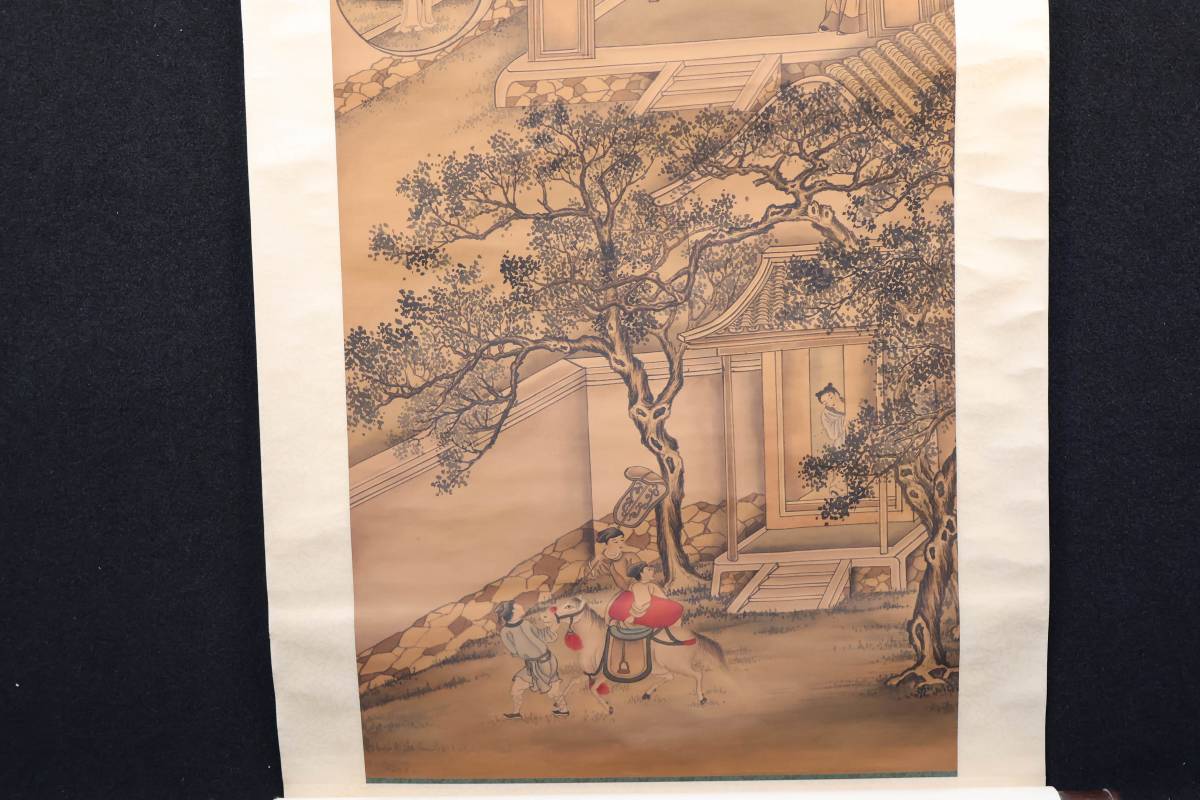 掛軸】〈唐寅〉『人物山水図』 （絹本肉筆）/ 中国画 人物図 山水図 
