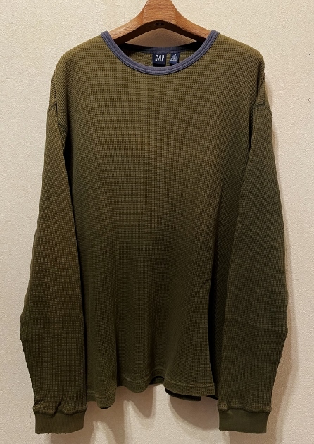 退色90sオールドGAPサーマル長袖ロングTシャツXLビッグシルエットLカーキ/ナス紺ヘビーウェイトコットン90年代リンガーTトリムTビンテージ