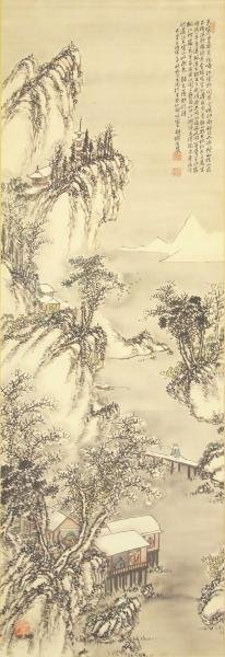 真作】【WISH】安藤耕斎 日本画 掛軸 絹本 山水図 〇師:富岡鉄斎・岡島