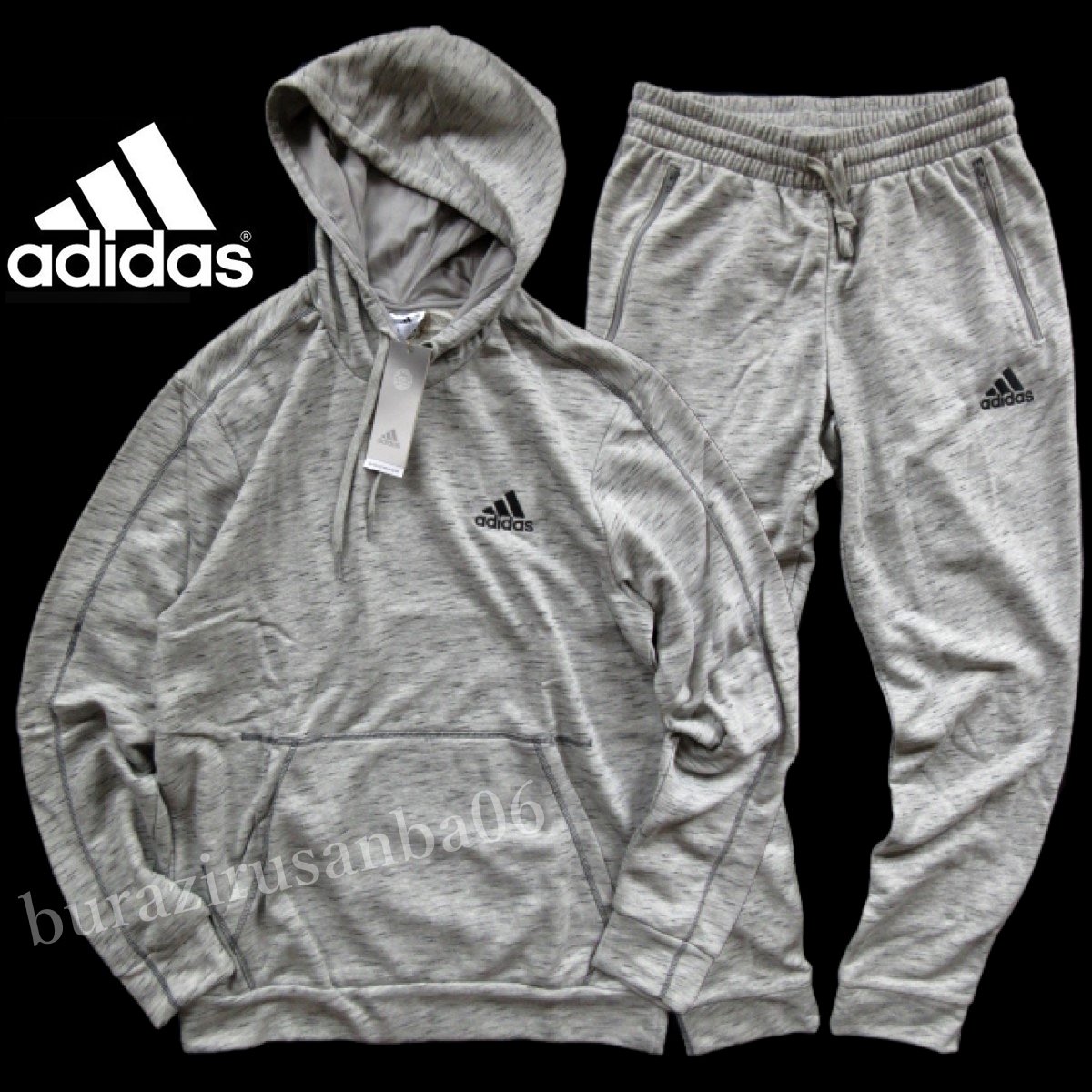 メンズ XO（2XL)◆未使用 adidas アディダス スウェット 上下 フーディー パーカー スウェットパンツ セットアップ ミディアムグレーヘザー