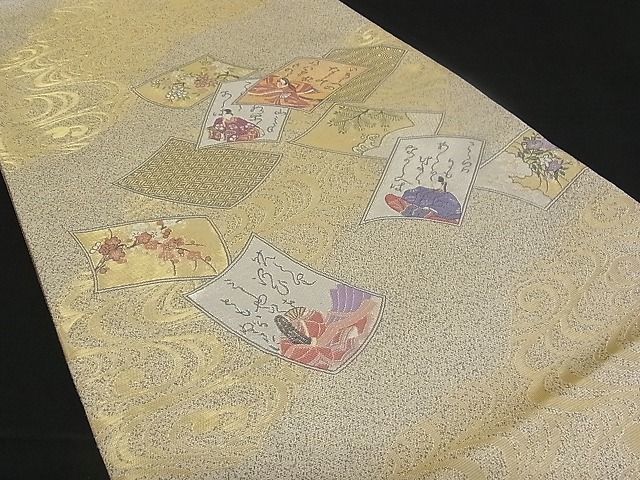 着物屋こころ□太鼓柄袋帯 寿光織 百人一首 色紙人物文 金銀糸 正絹 