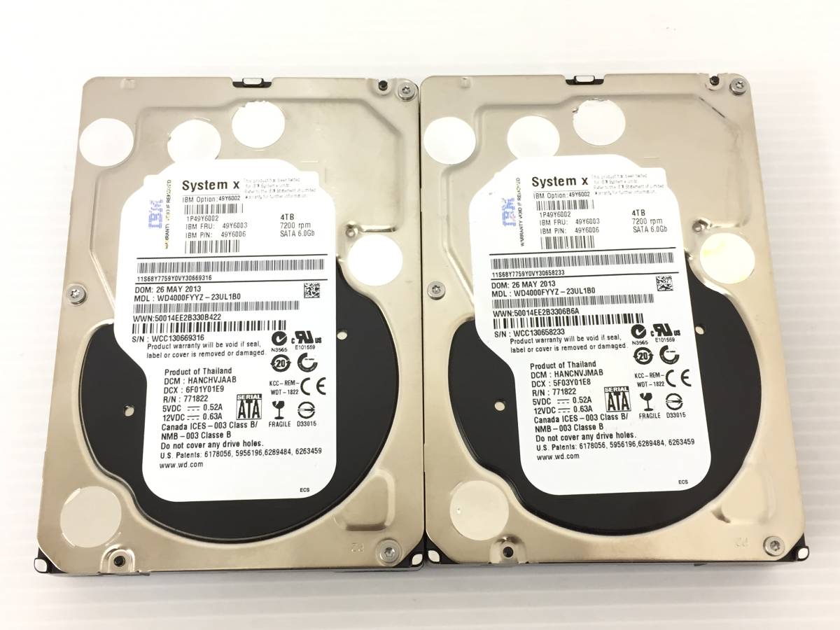 〇【2台セット】Western Digital WD4000FYYZ 4TB SATA 3.5インチ 消去済 正常 内蔵ハードディスク 動作品