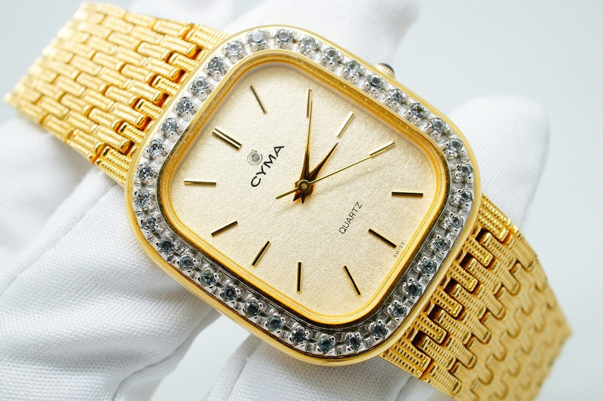 F99○作動良好 美品 CYMA シーマ SWISS 909 金文字盤 レクタンギュラー 