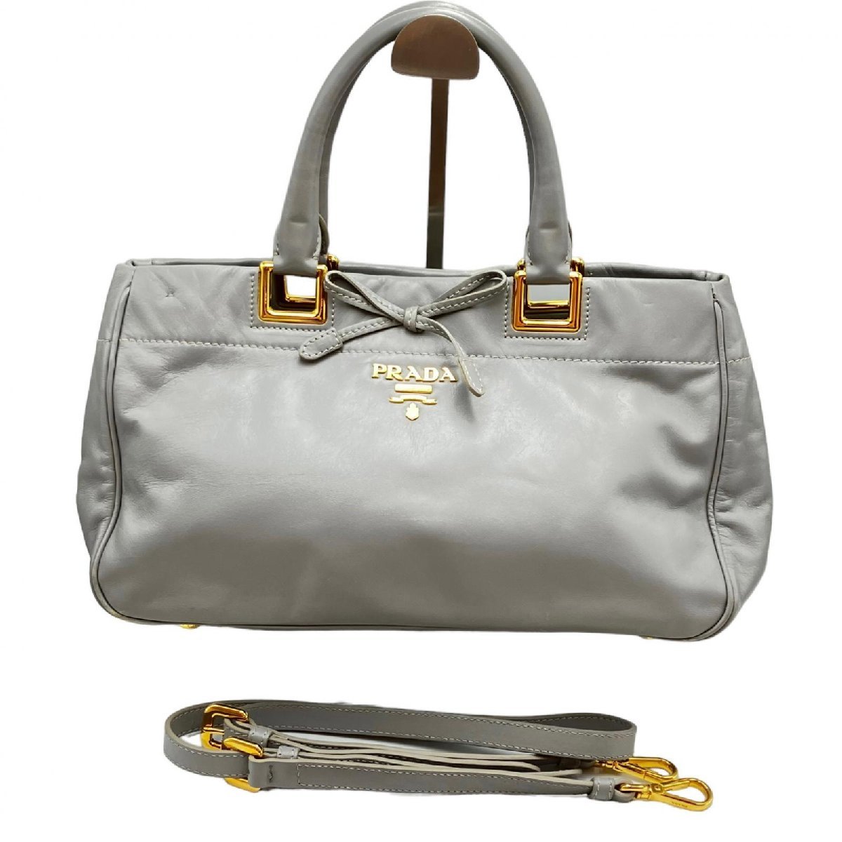 PRADA プラダ 2WAY ショルダーバッグ レザー リボン グレー系 - PRADA 