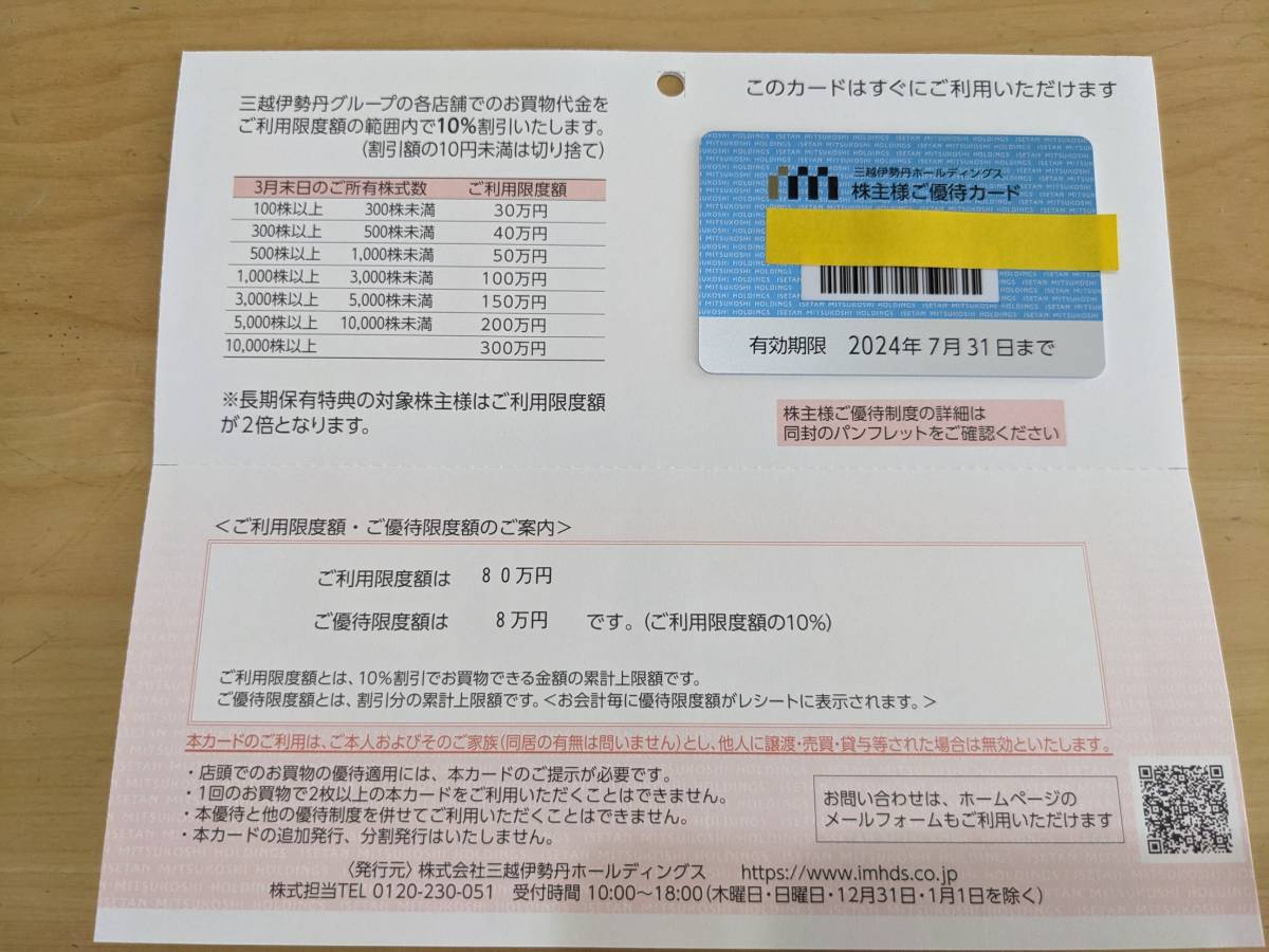株主優待カード 三越伊勢丹 2024年7月末 女性名義 ご利用上限額 80万円　送料無料