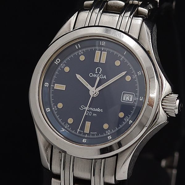 1円 稼働 オメガ シーマスター 120M QZ 青文字盤 デイト レディース腕時計 OGH 7582300