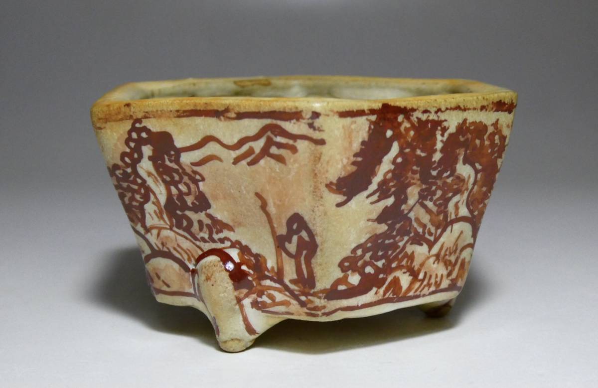 ▼勝山〈上州勝山画 〉赤絵山水図六角鉢　7.4×3.9cm　共布付