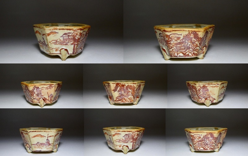 ▼勝山〈上州勝山画 〉赤絵山水図六角鉢　7.4×3.9cm　共布付