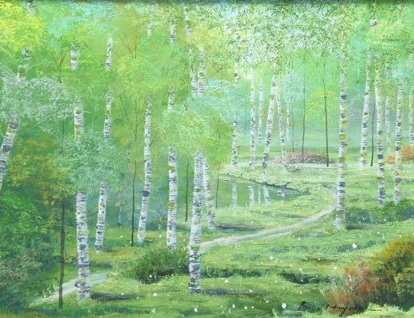 真作】【WISH】早瀬遼「白樺林」油彩 6号 ◇新緑の白樺林 〇應美会会員