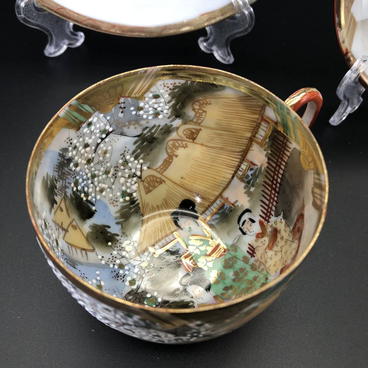 カップ＆ソーサー 卵殻手 アンティーク 白釉盛 花鳥文 金彩 ハンド 窯