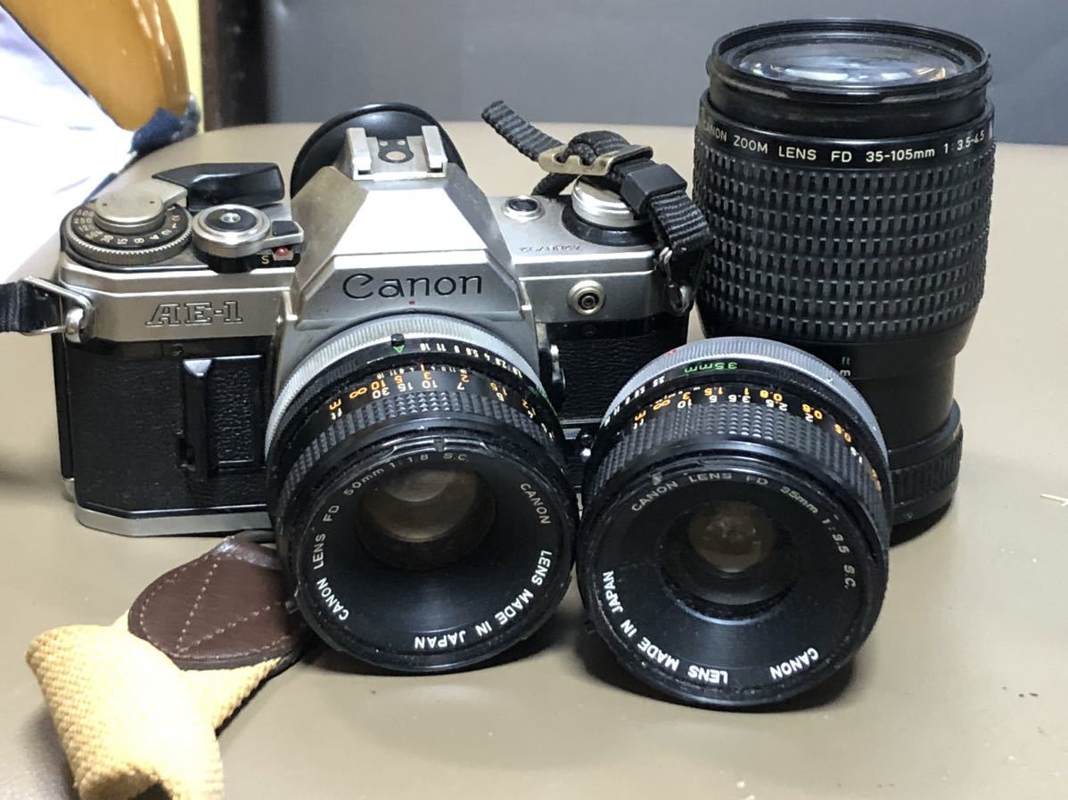 Canon AE-1 レンズ３本　FD 35mm 1:3.5 S.C. 50mm 1:1.8 S.C. New 35-105mm 1:3.5-4.5付　シャッター可　ジャンク品