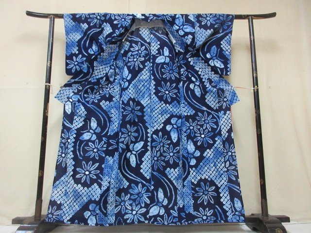 1円 良品 木綿 浴衣 藍染 藍色 アンティーク 総絞り 有松絞り 流水 蝶