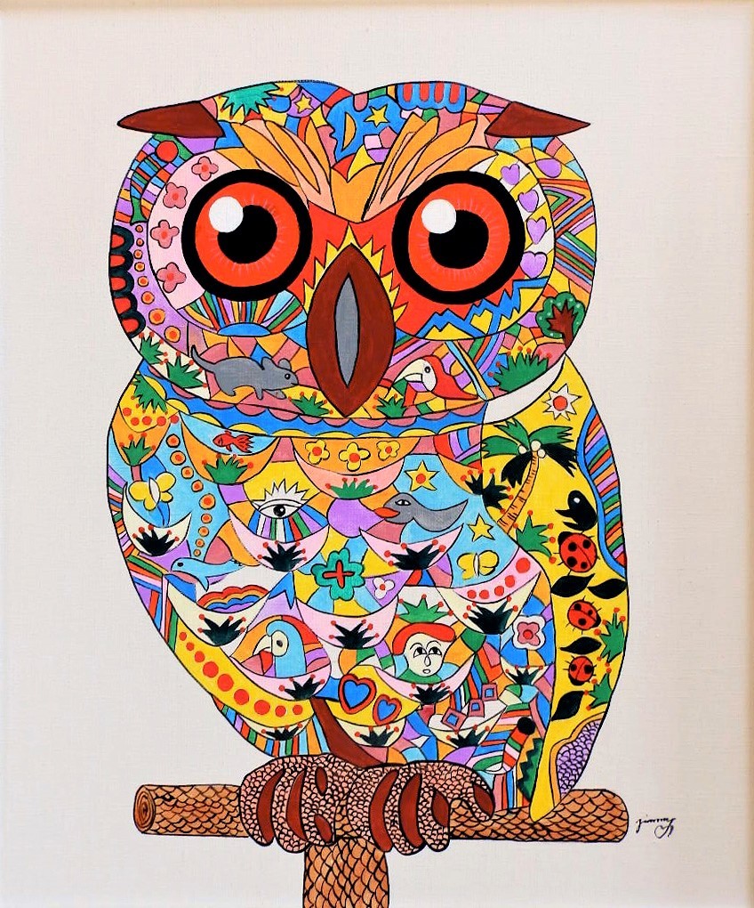 絵画/ジミー大西/フクロウ/肉筆保証/アクリル・油性/表裏サイン有/額縁