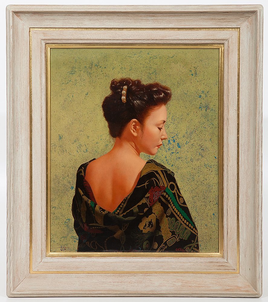 辻真砂、「惜春」、希少画集の額装画、人気作品、オーダーマット付・日本製新品額入り 五】辻真砂 『花衣』 真作 油彩 8号 額装 共シール ／ 現代リアリズム