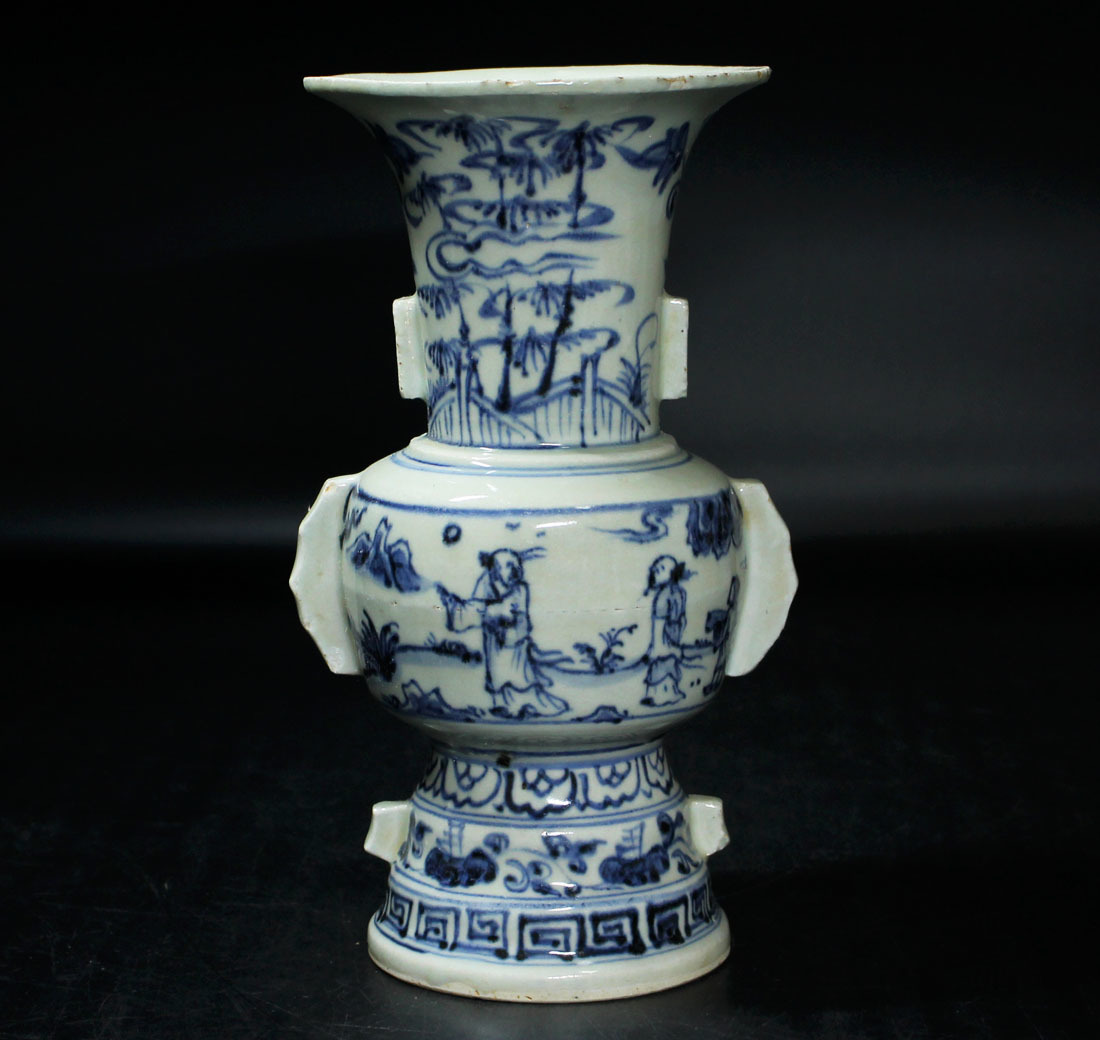 銘品　官窯景徳鎮窯染付青花柳仙人紋尊式花入・明時代 中国古玩