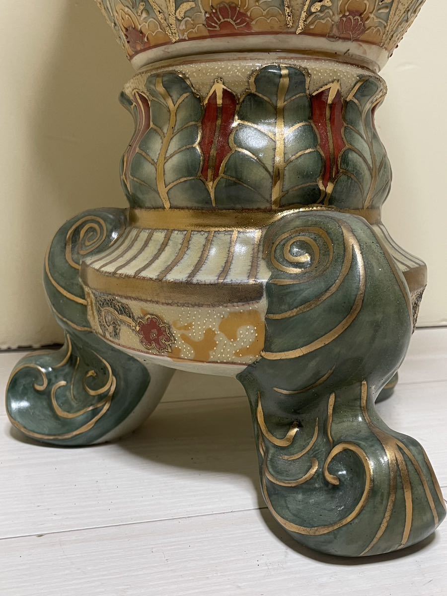 薩摩焼 花瓶 沈香壺 双耳 青粒花瓶 金彩色絵 古美術品 飾壺 大壷 金襴