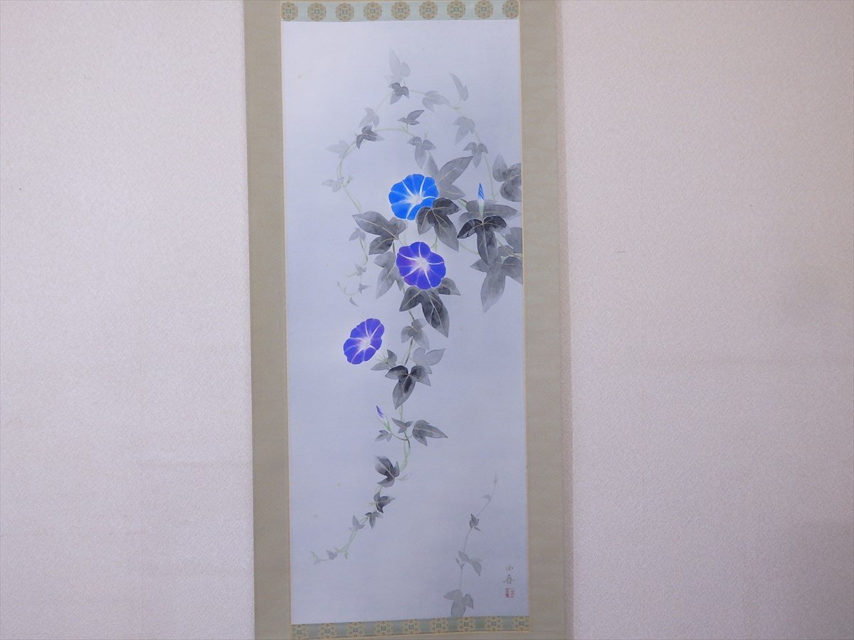 水越由喜 肉筆 掛軸 朝顔 共箱 紙本 幅58.5×全長195.3cm 画44.3×111.5
