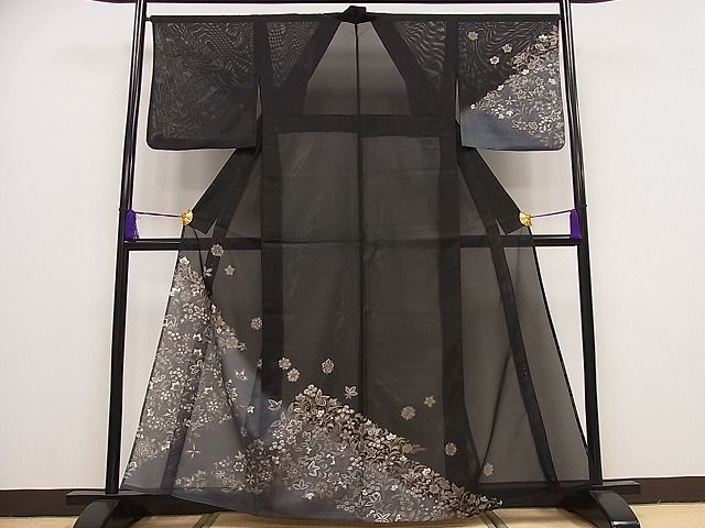 平和屋着物■夏物　訪問着　絽　花唐草文　黒地　洗える着物　tx7391