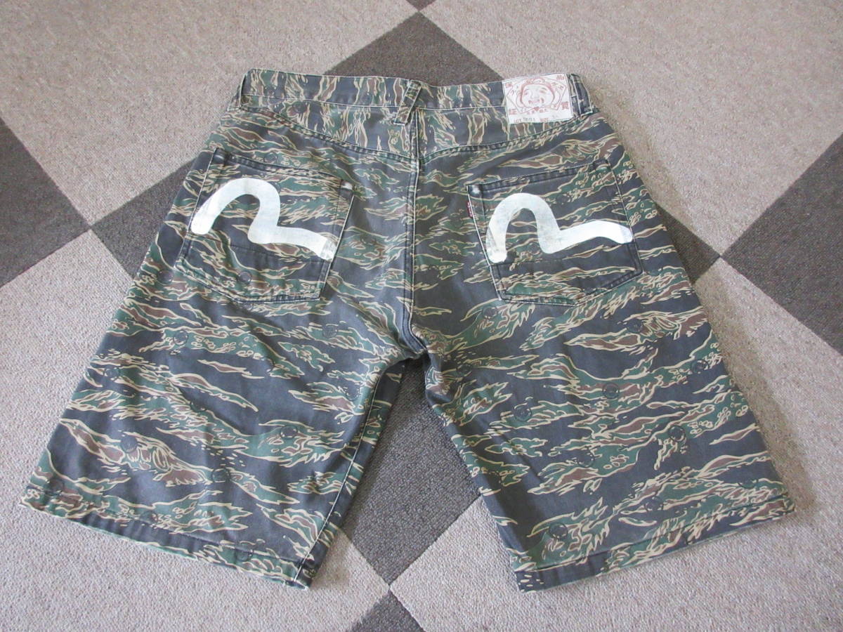 archive EVISU タイガーカモ カーゴショーツ ハーフパンツ　32 EVISU タイガーカモ ハーフパンツ 32インチ Lot2001 家紋 股リベ 迷彩