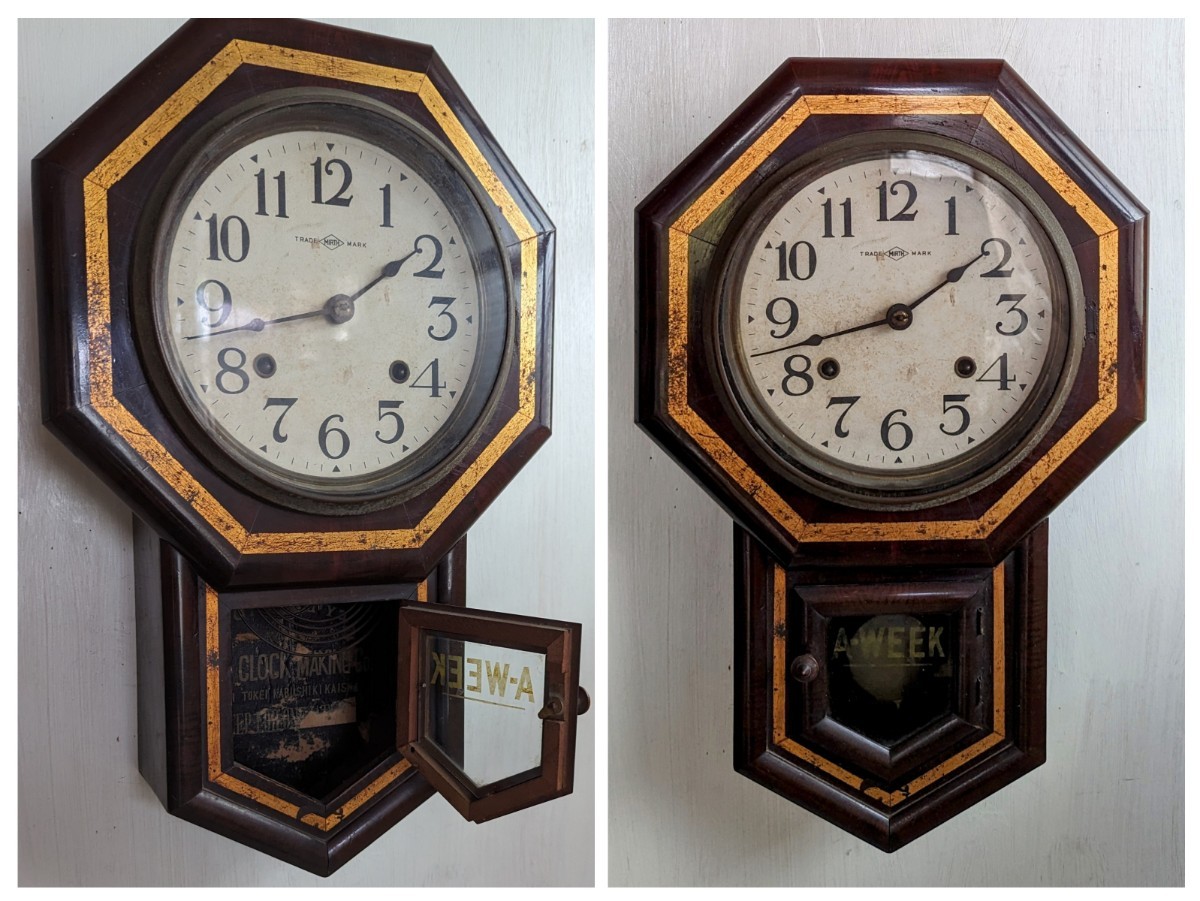 レトロな八角ネジ巻柱時計 稼働品