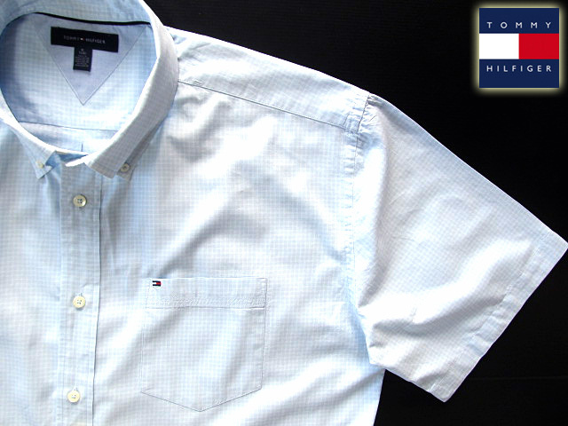★美品 トミーヒルフィガー TOMMY HILFIGER ボタンダウンシャツ 半袖 XLサイズ 希少品 ハンサムチェック ライトブルー×ホワイト