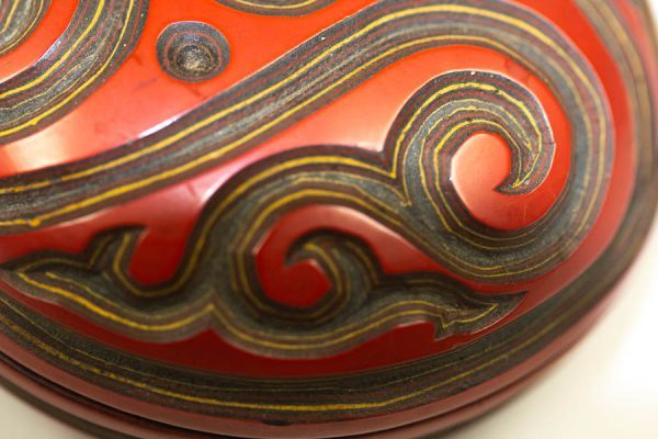 中国彫漆 堆朱 彫漆如意頭紋 細密彫刻 木製 香合 茶道具 中国美術