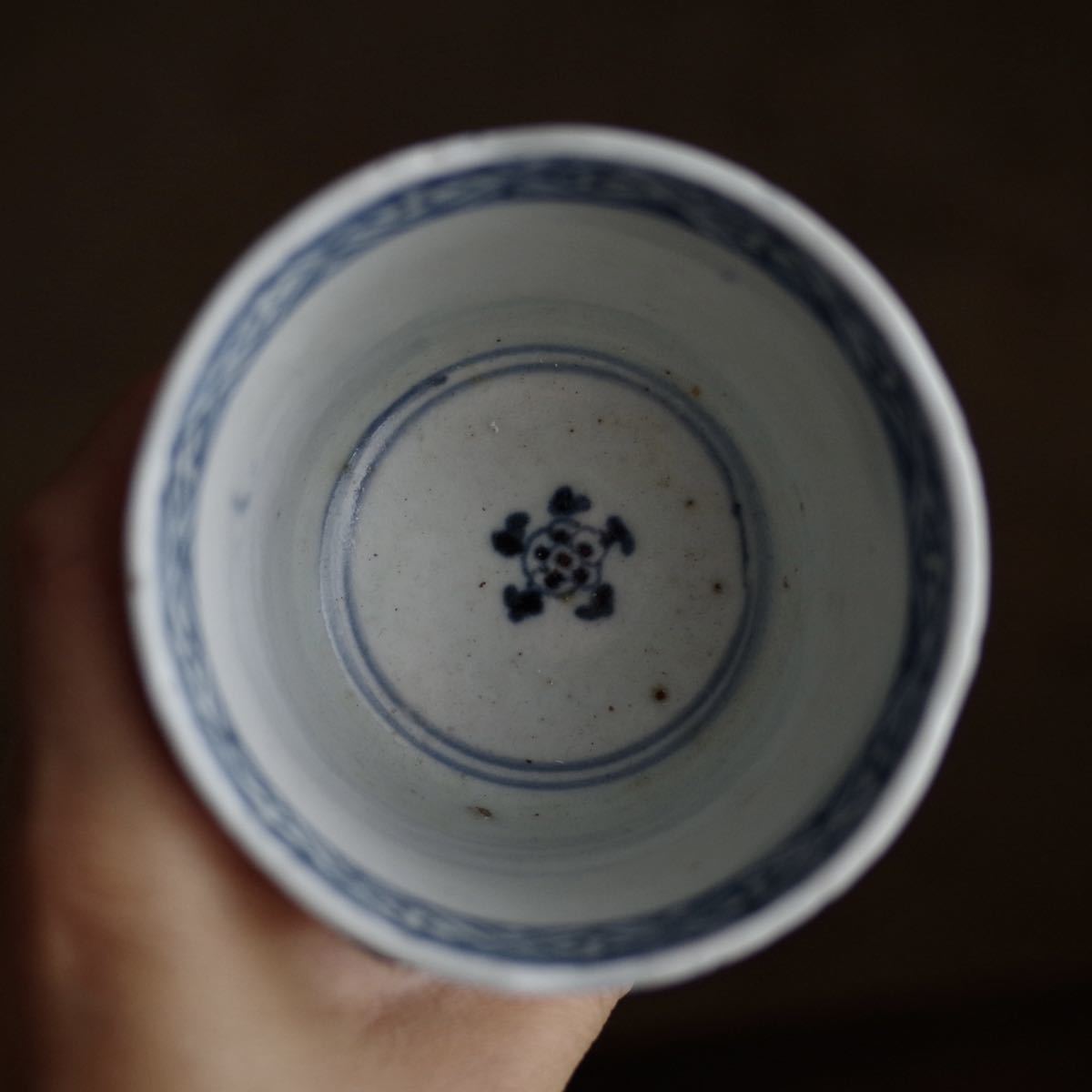 希少】古伊万里 色絵素地 窓枠 花頭窓 蕎麦猪口 江戸後期 蛇目高台 向
