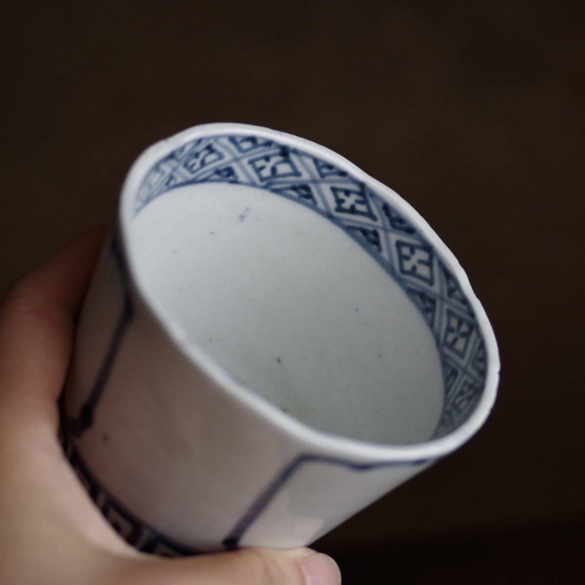 ○栄○古伊万里 染付 花草文 八角 向付 5客 10.5cm 茶懐石 江戸期 42kw35