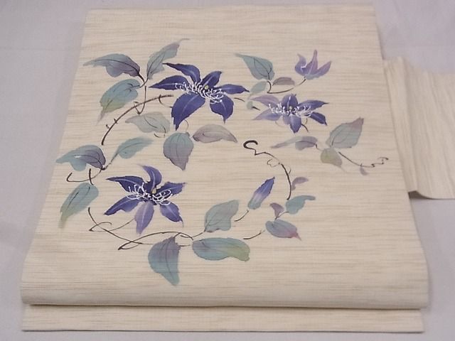 平和屋1■夏物　九寸名古屋帯　紬地　手描き　枝花文　麻　逸品　fb7453