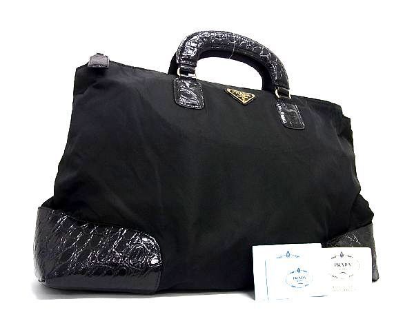 1円 PRADA プラダ テスートナイロン×クロコダイル型押しレザー 