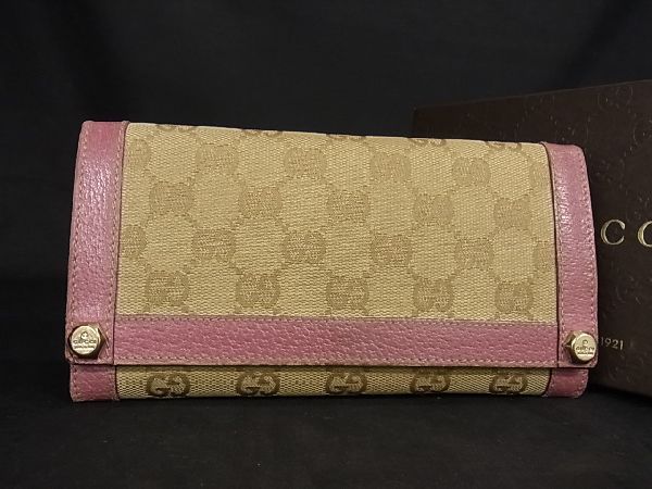 1円 ■美品■ GUCCI グッチ キャンバス×レザー GG柄 二つ折り 長財布 ウォレット レディース ブラウン系×ピンク系 BE1834