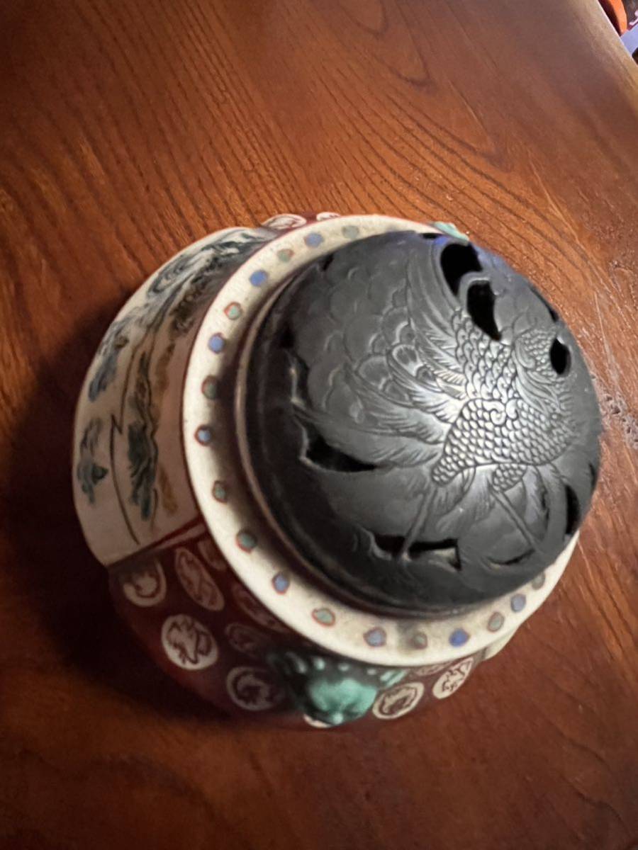 古多】時代 色絵金彩 雲龍文 三足香炉 中蓋付◇香道具/