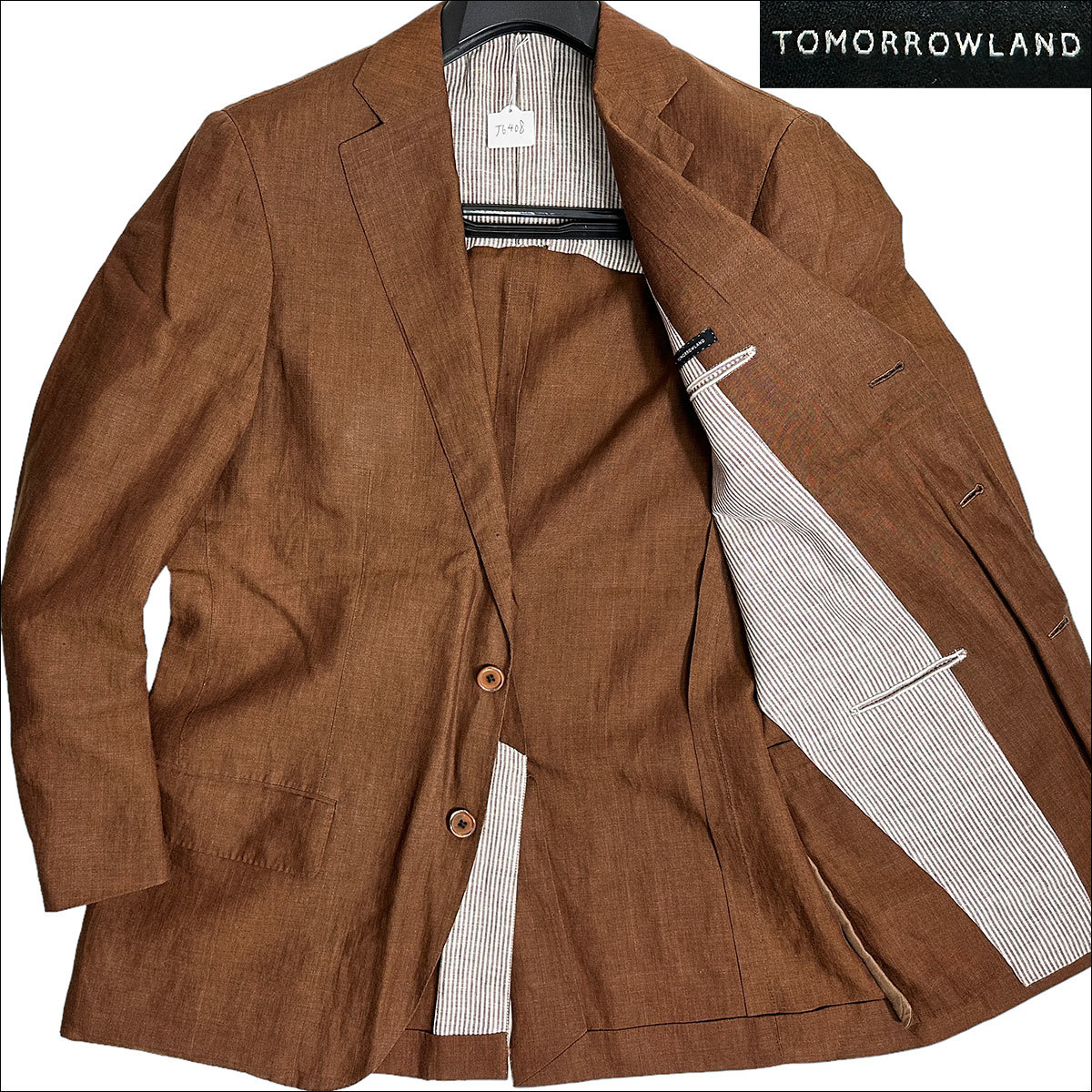 J6408 美品 トゥモローランド オールリネン テーラードジャケット ブラウン 48 TOMORROWLAND