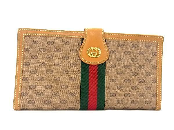 1円 ■美品■ GUCCI グッチ オールドグッチ ヴィンテージ シェリーライン マイクロGG PVC×レザー 二つ折り 長財布 ブラウン系 AP4093