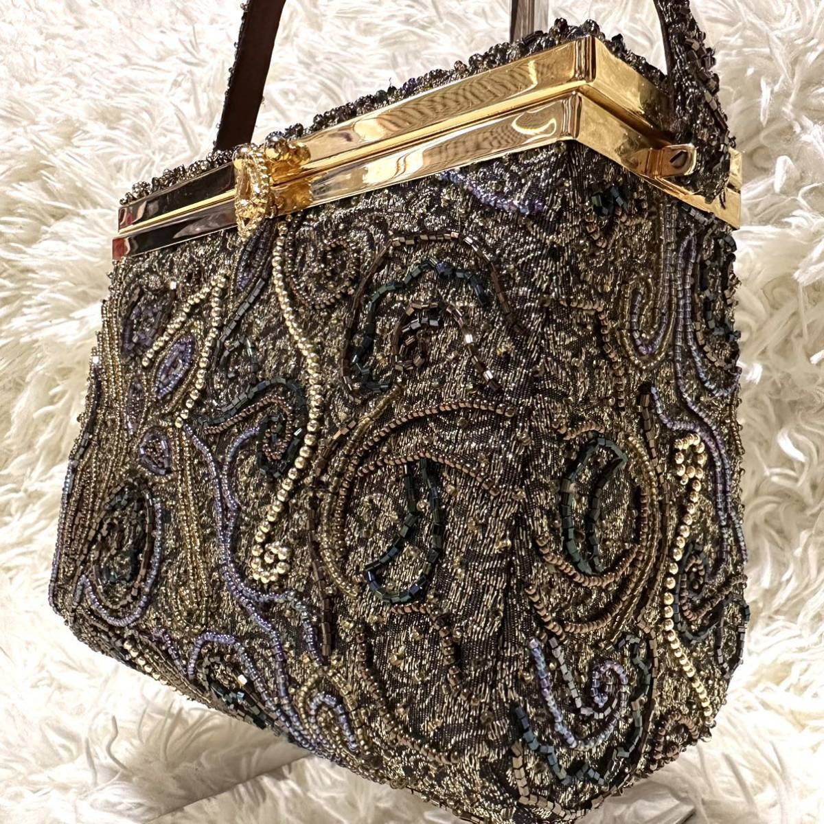 【 高級感 】ビーズバッグ ボックス型 アンティーク ジャガード ゴールド金具 手提げ ハンドバッグ 鏡 ミラー パーティー フォーマル 和装