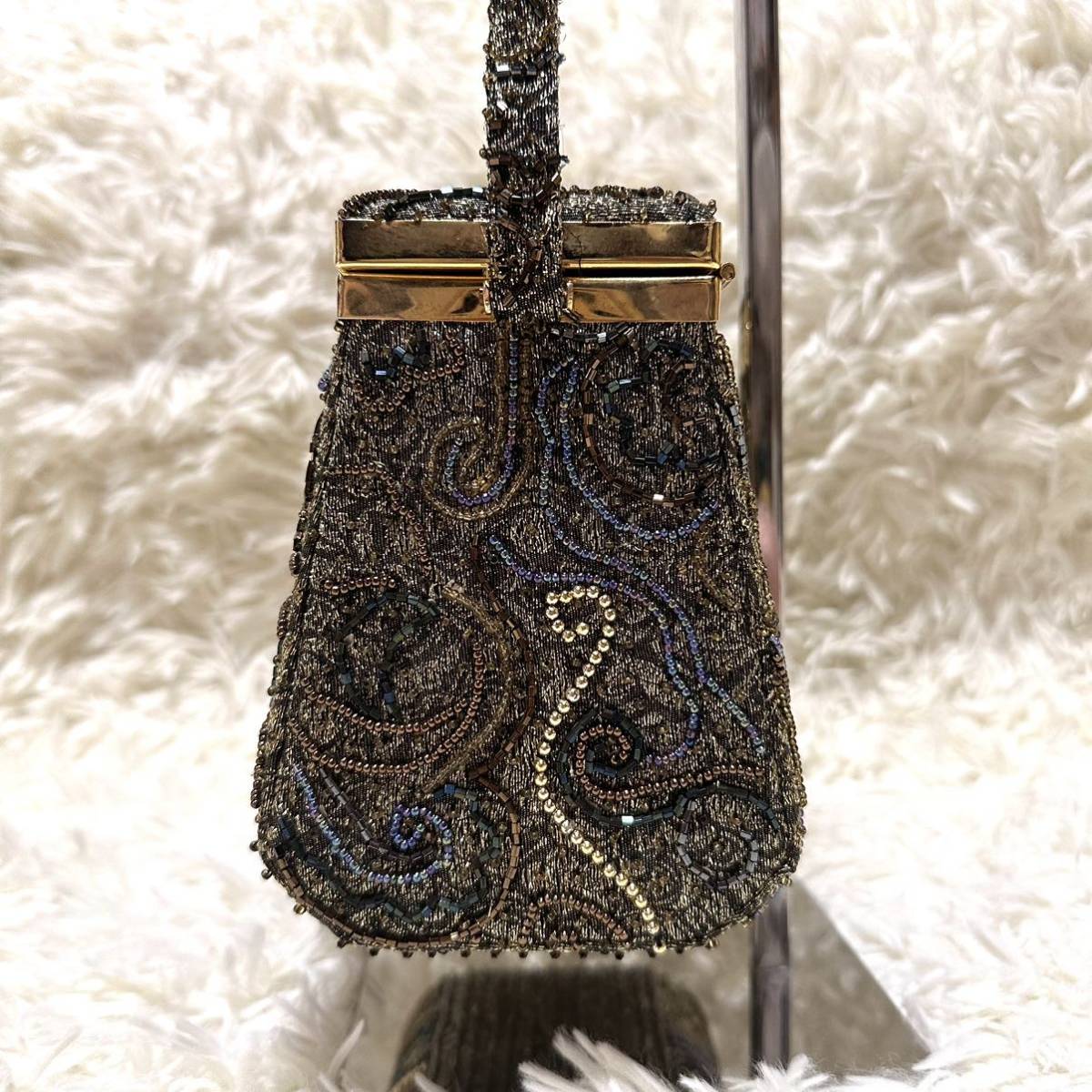 【 高級感 】ビーズバッグ ボックス型 アンティーク ジャガード ゴールド金具 手提げ ハンドバッグ 鏡 ミラー パーティー フォーマル 和装