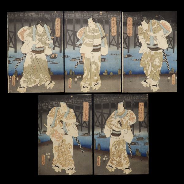 ◆狐◆T859 三代歌川豊国 金神蝶五郎 本早綱五郎 放駒乃蝶吉 幻竹右衞門 鹿乃子兵衛 五枚 ヤケ シミ◆歌舞伎絵◆版画◆浮世絵◆真作