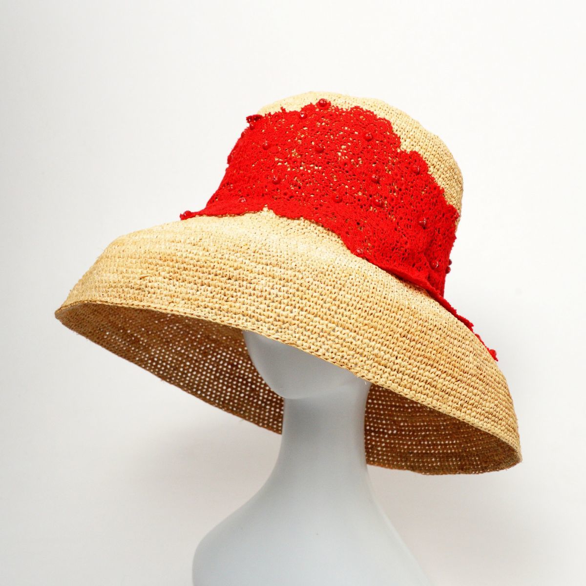GL9860△*モディスト/Modiste*ラフィアハット*コットンレース×ガラスビーズ*あご紐つき*クローシュ 帽子*ベージュ系×レッド系*約59.5cm