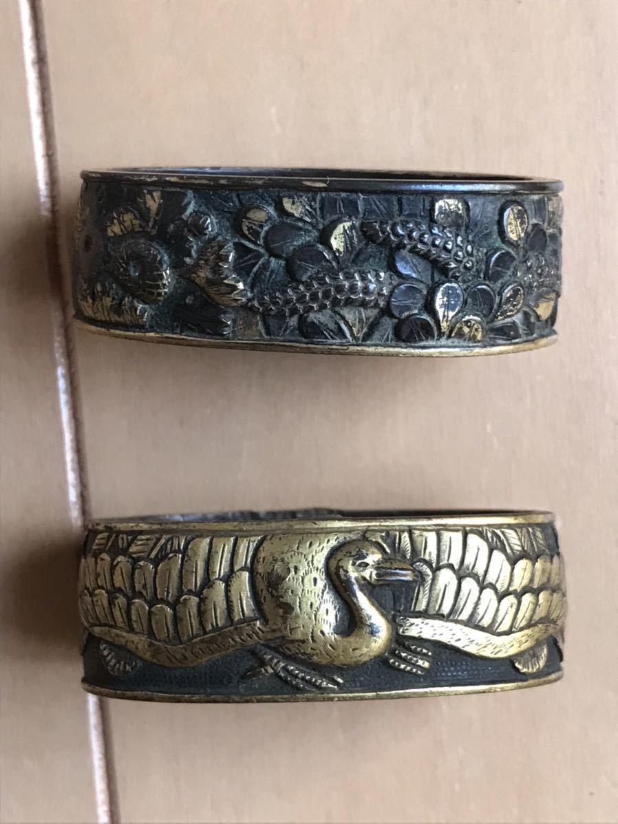 刀装具 縁頭 象嵌 縁 『鶴、菊、海老、桃』纏めて4個 縁頭
