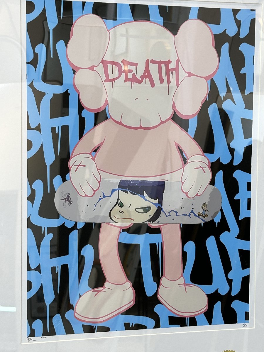 DEATH NYC 額付き 世界限定100枚 アートポスタ KAWS ピンク スケート