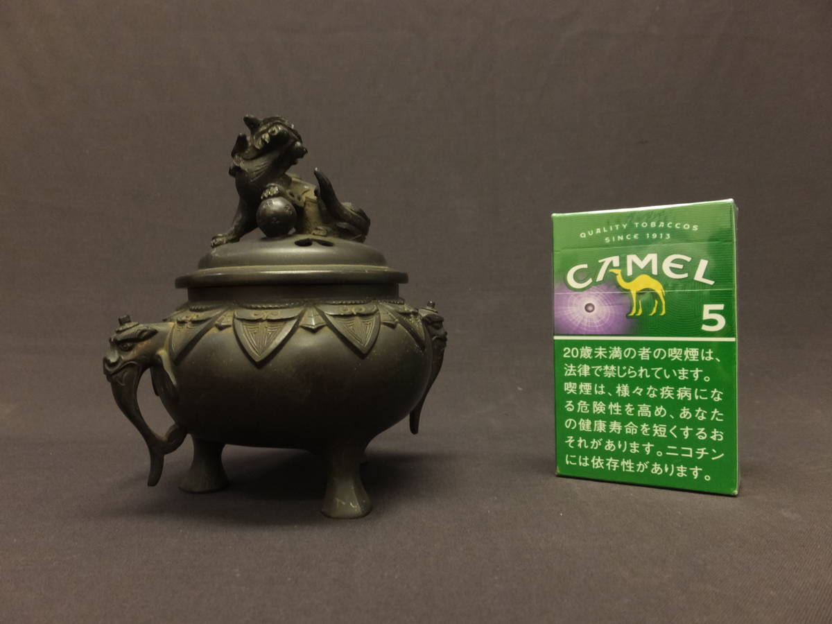 081503] 香炉 銅香炉 獅子蓋 象双耳 三足 香炉 唐銅携行香炉