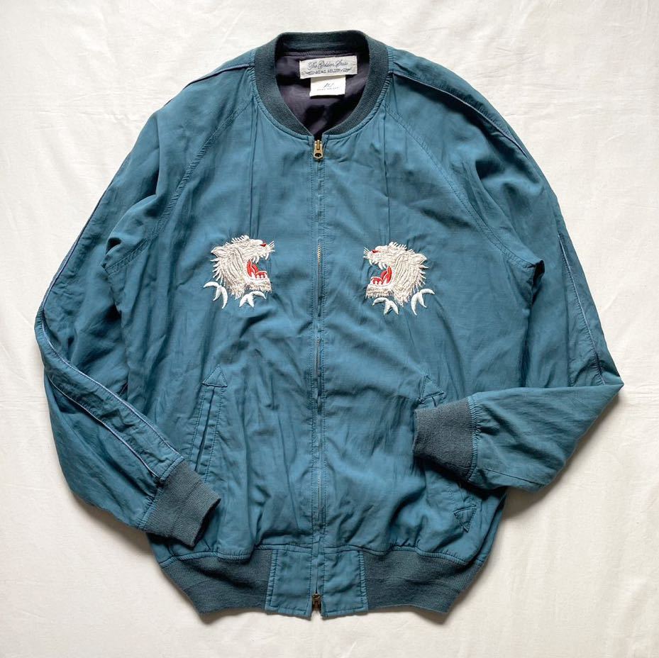 REMI RELIEF スカジャン レミレリーフ MA-1 ボマージャケット 虎刺繍 白虎 ブルゾン キュプラ コットン グリーン ブルー L