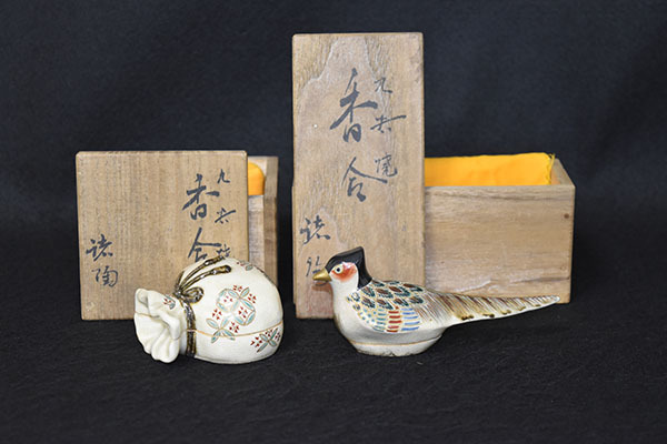 光成茶道具・九谷焼名工造「金彩・雉鳥香合」「光仙造・宝袋香合