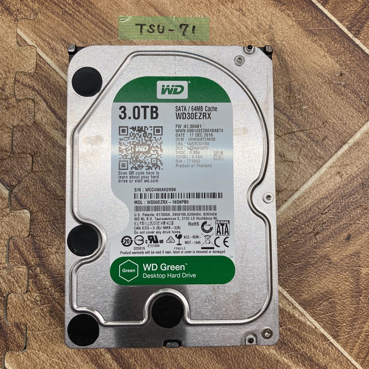 TSU-71 激安 HDD 3TB 3.5インチ SATA 内蔵HDD WDC WD30EZRX-19D8PB0 Crystaldiskinfoにて正常品 中古