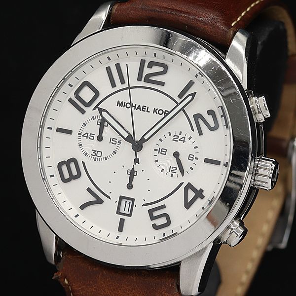 1円 稼働 良品 マイケルコース QZ MK-8323 シルバー文字盤 クロノ デイト ラウンド メンズ腕時計 7115000NMR KNK